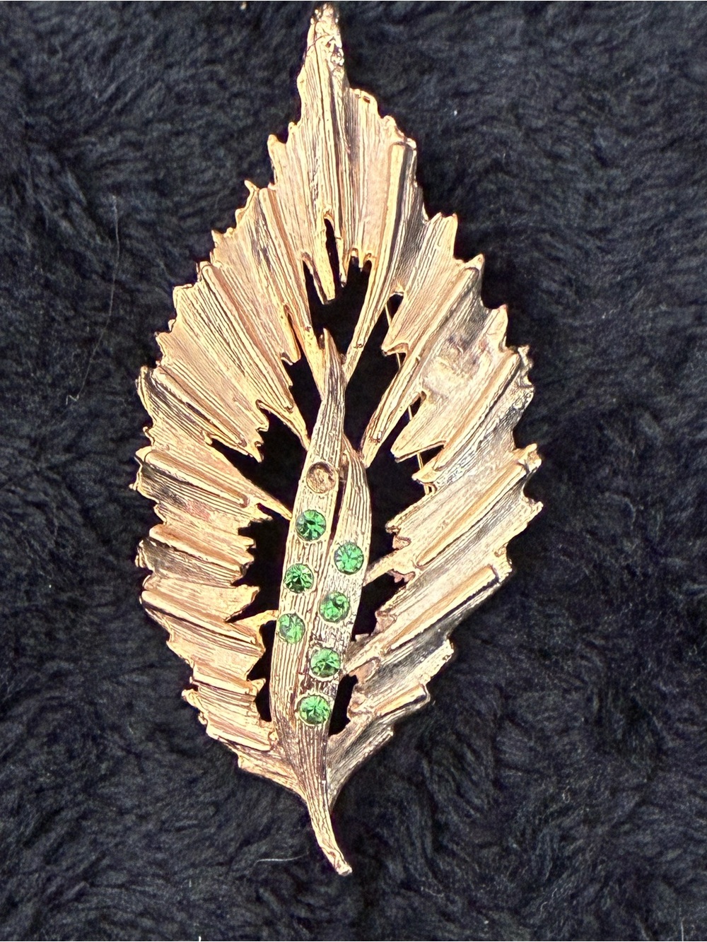 Gold-Tone Leaf Brooch with Green Crystal Accents